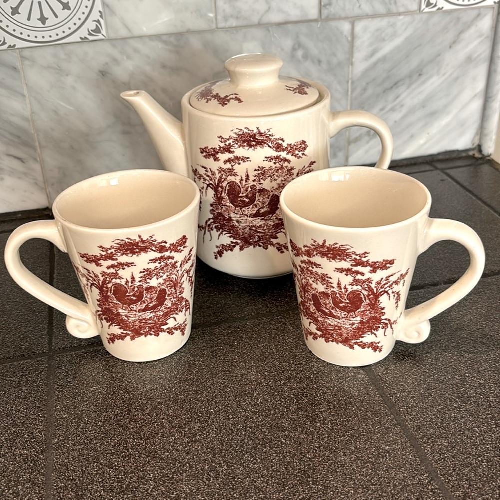 California Pantry French Toile Rooster Teapot & 2 Mugs